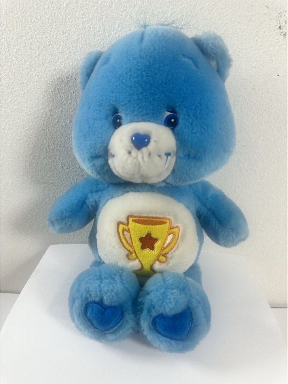 Care Bears Champ Bear Plush Blue Trophy Star Belly Badge 2003 Play Along 13 Inch